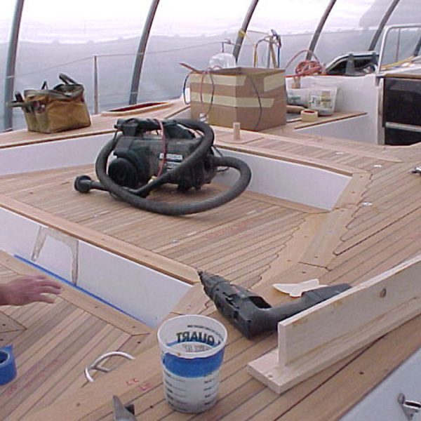 Belle Aurore, cockpit teak installation Baltic 55