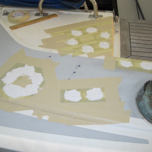 Eagle’s Gift patching holes from removed hardware in smooth gelcoat on non-skid patterns Eagle's Gift patching holes from removed hardware in smooth gelcoat on non-skid patterns